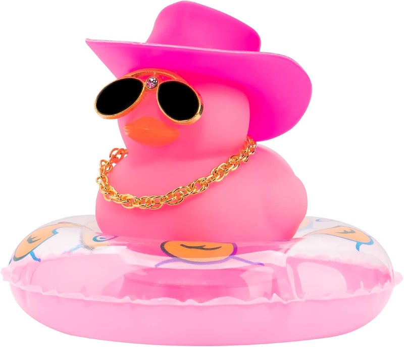 wonuu Car Dashboard Decorations Rubber Duck Accessories with Swim Ring, Sunglasses, Hat and Necklace, Pink Cowboy Duck - Image 1